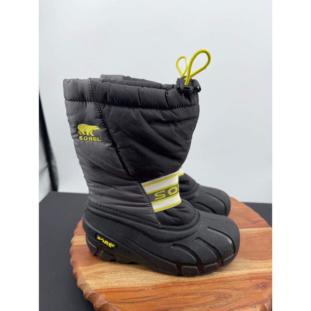 Sorel Flurry Snow Boots Kids 1 Black Charcoal Yellow Waterproof Insulated NY1881